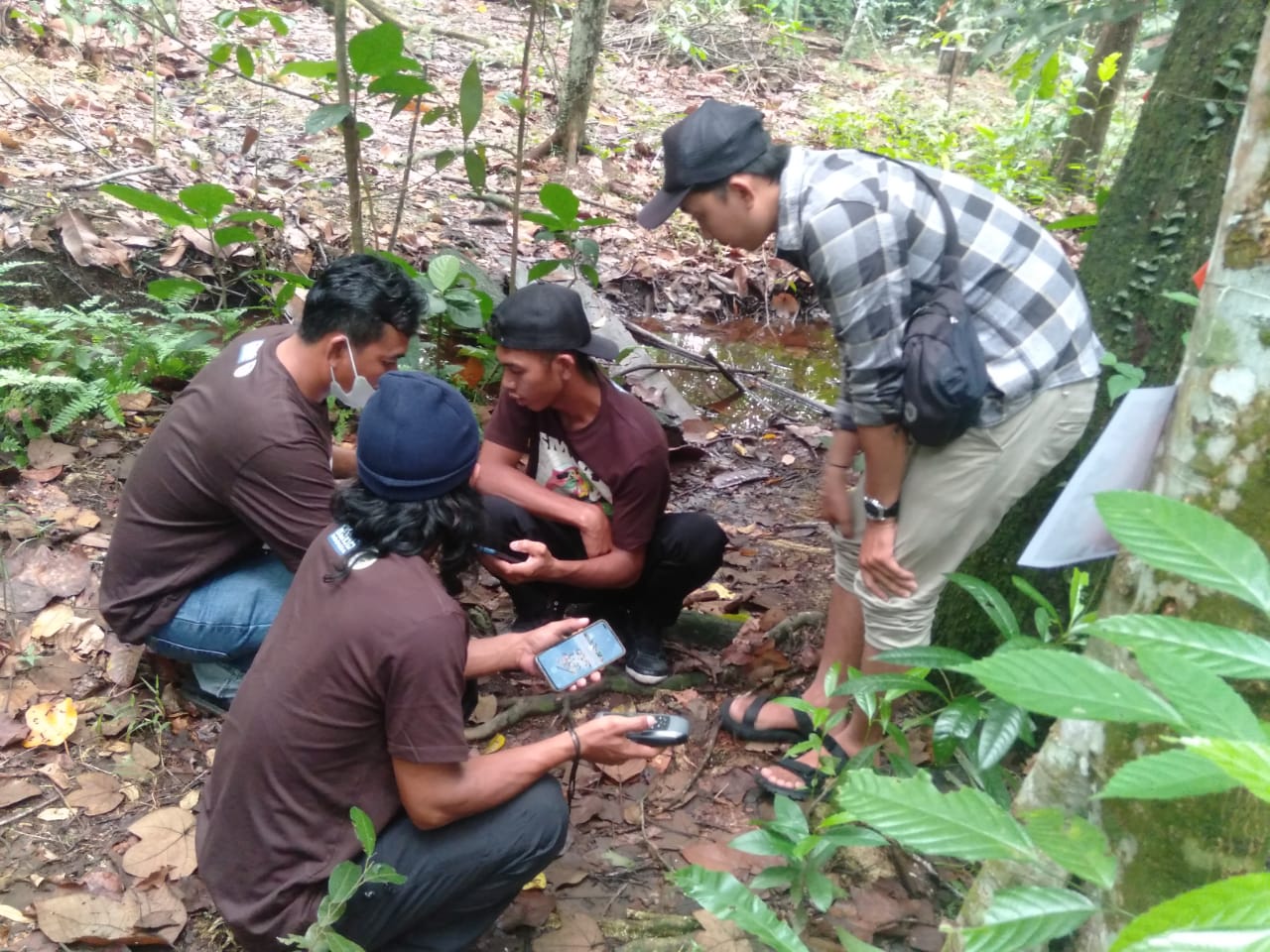 Peserta dari LPHD Bumi Lestari sedang praktik menggunakan aplikasi SMART Patrol di hutan arboretum Sylva Untan